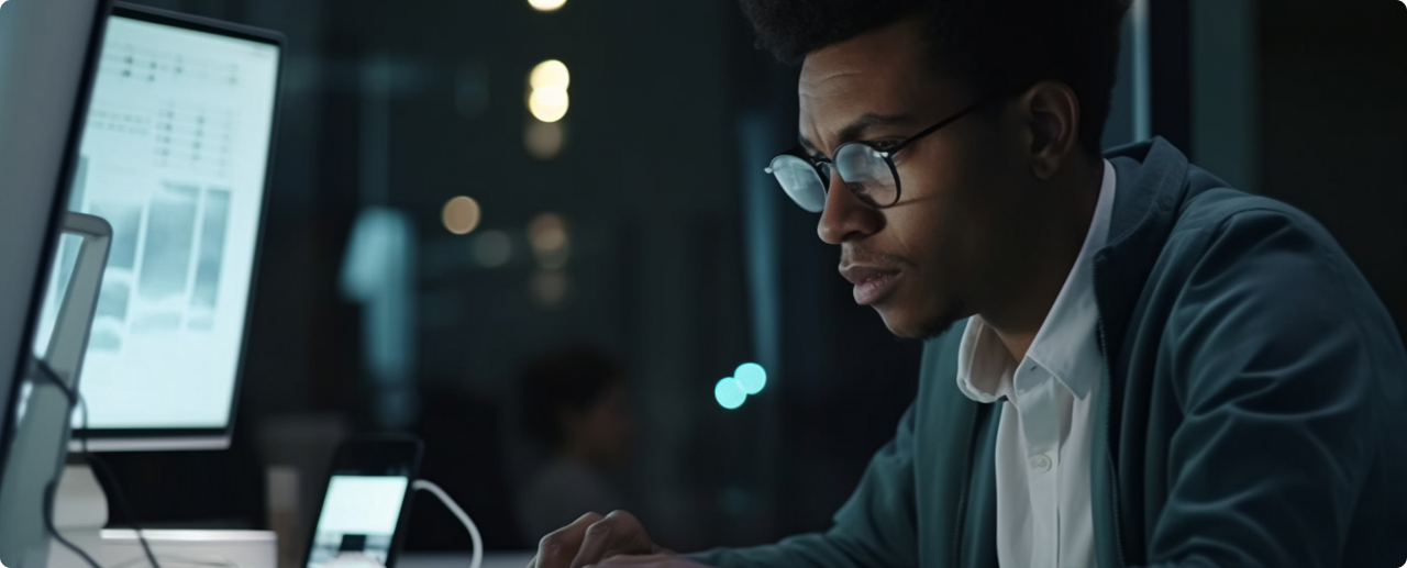 Developer working at desk with multiple monitors